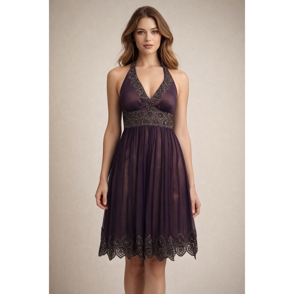 VTG Y2K Cache Dress Beaded Halter Silk Purple Layered Size 2/4 Fairy Formal